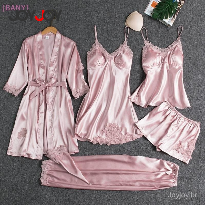 Joyjoy Conjunto de Pijamas de Seda para Mulheres c