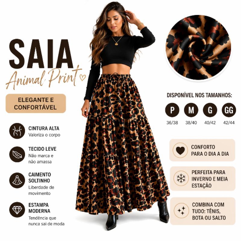 Saia Longa 3 Marias Feminina Estampa Oncinha Elás