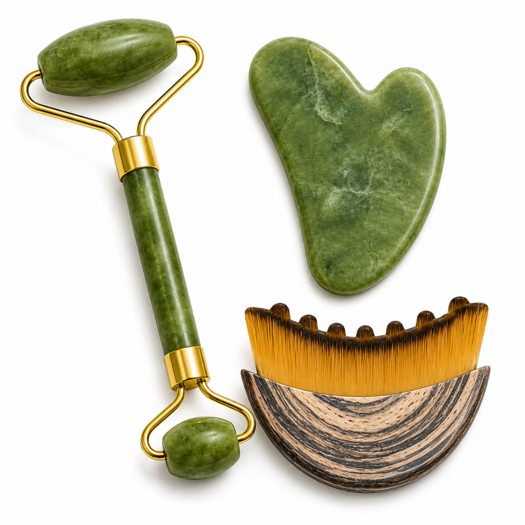 Kit Massagem Facial Premium com Rolo de Jade Verde