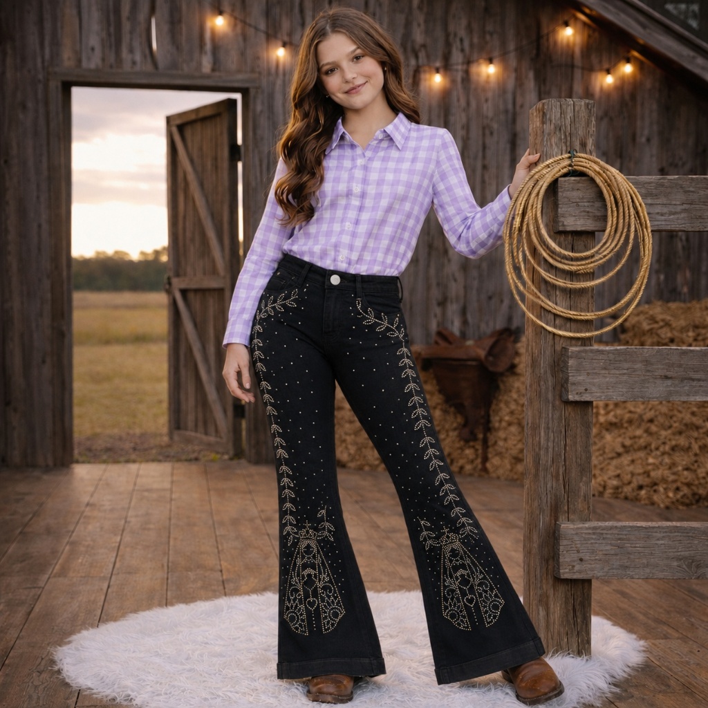Calça Jeans Flare Feminina Infantil Strass Countr