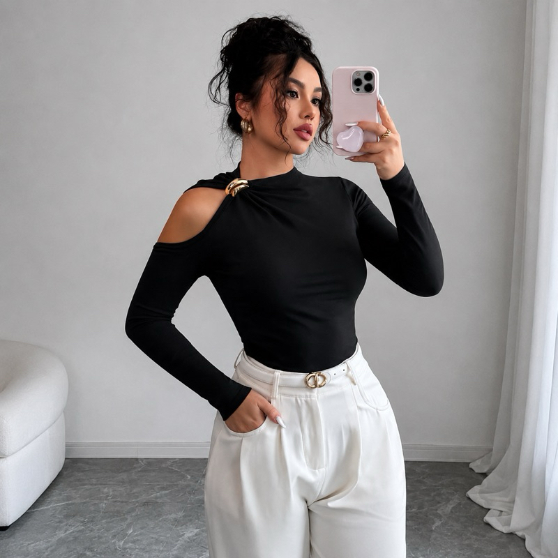 Blusa Feminina Ombro Vazado Manga Longa Com Fivela