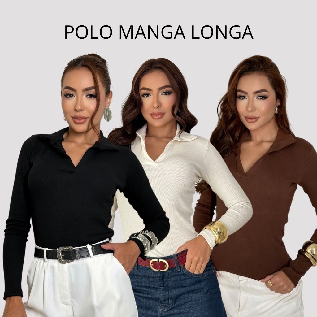 Blusa Feminina Canelada Manga Longa Gola Polo Bás