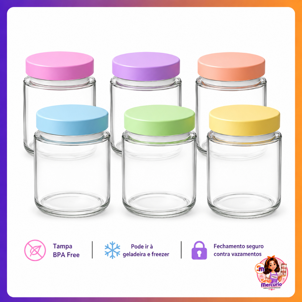 Kit 6/12 Potes Vidro 200ml para Leite Materno Papi