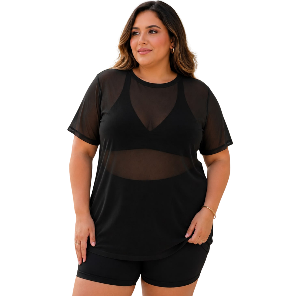 Blusa Plus Size Feminina de Tule com Manga Transpa