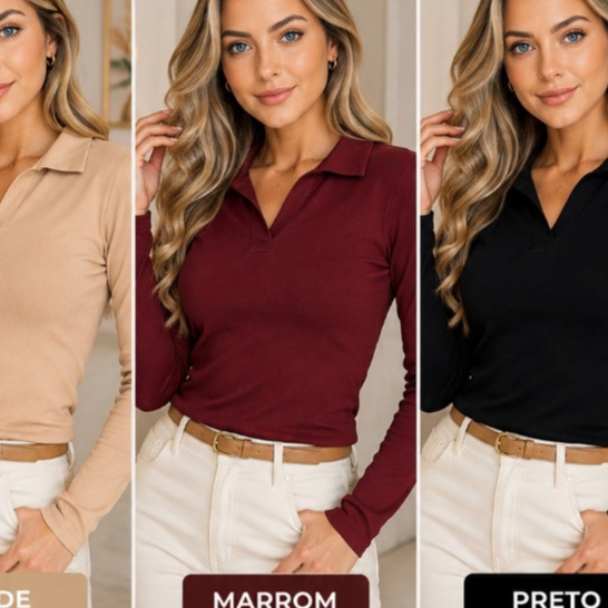 blusa feminina, manga longa, canelada, gola polo,