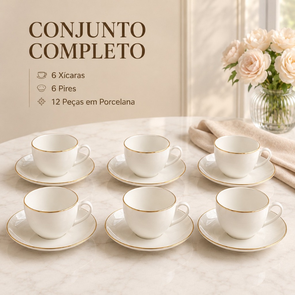 Conjunto 6 Xícaras Porcelana Branca 85 ml Pires M