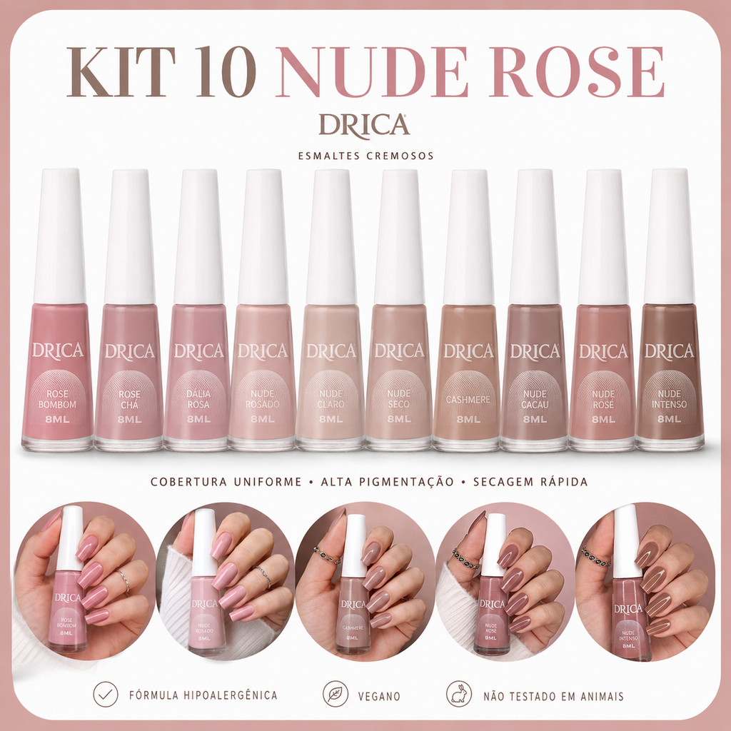 Kit 10 Esmaltes Cores Tons Nude e Rosa – Dri