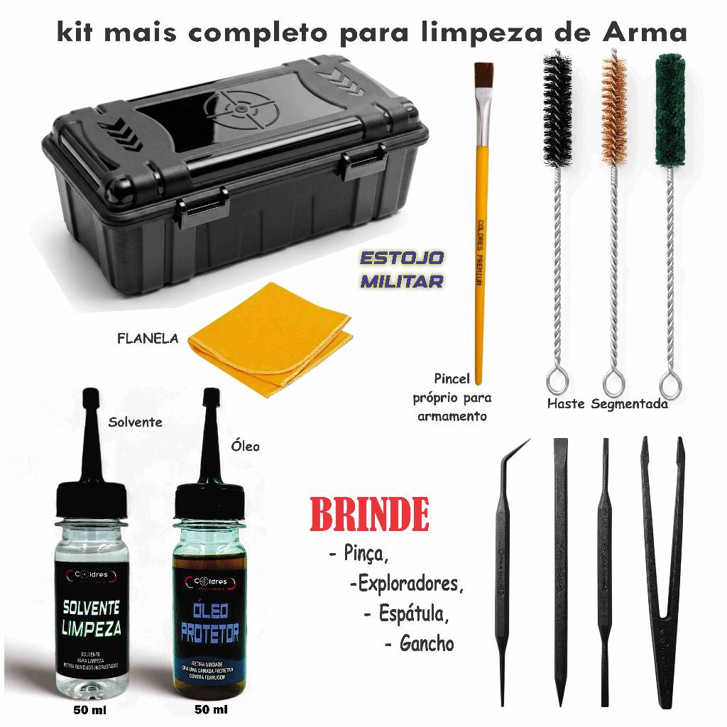 kit limpeza de arma 38, 380, 9mm, .40, .45