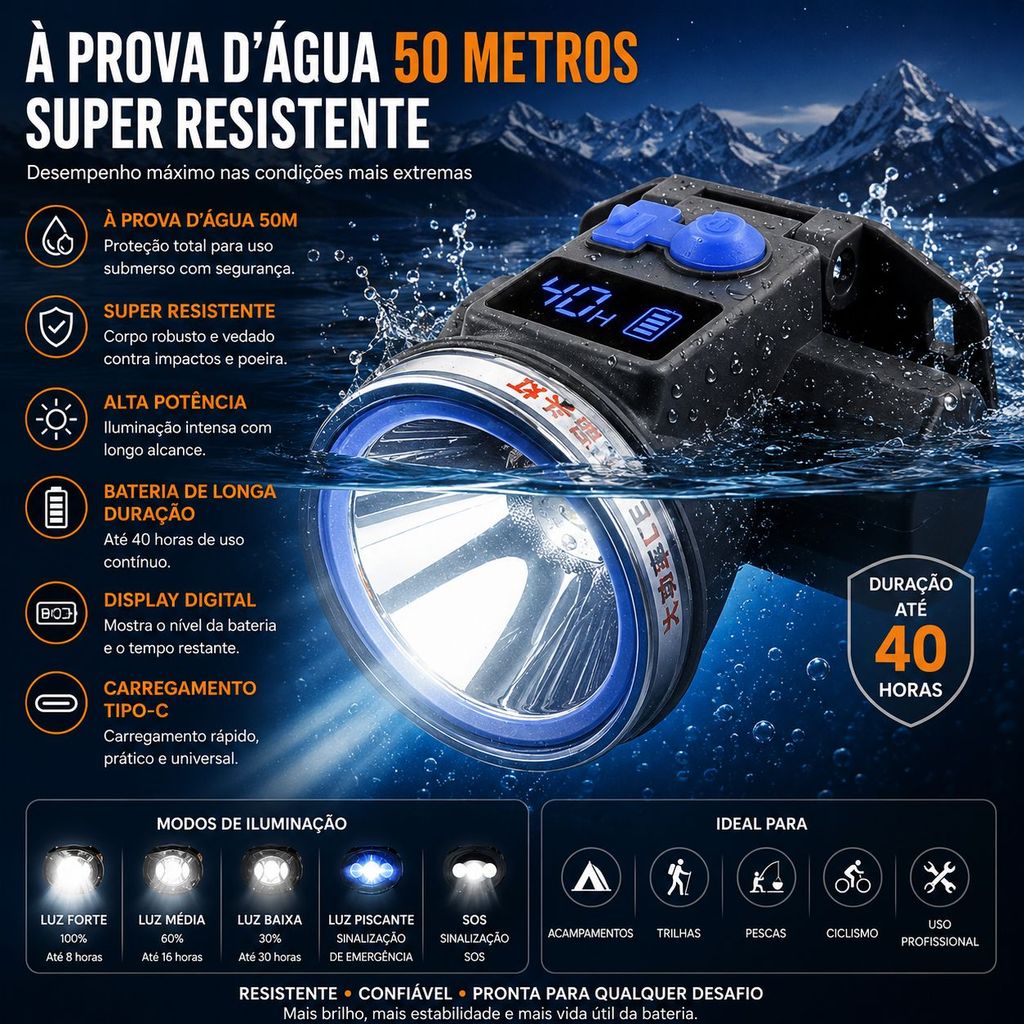 Lanterna De Cabeça Mergulho Led Recarregável À 