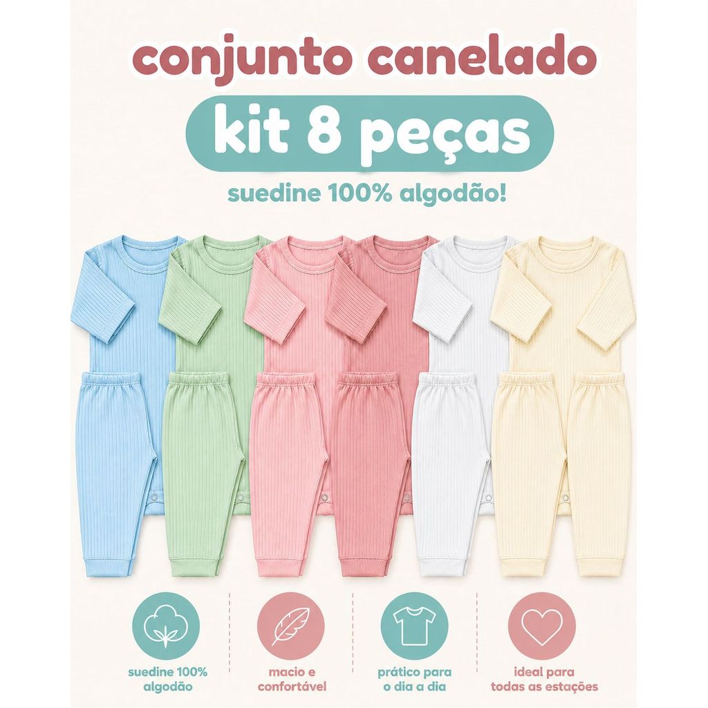 Kit 8 Peças Bebê Suedine Canelado 100% Algodão 