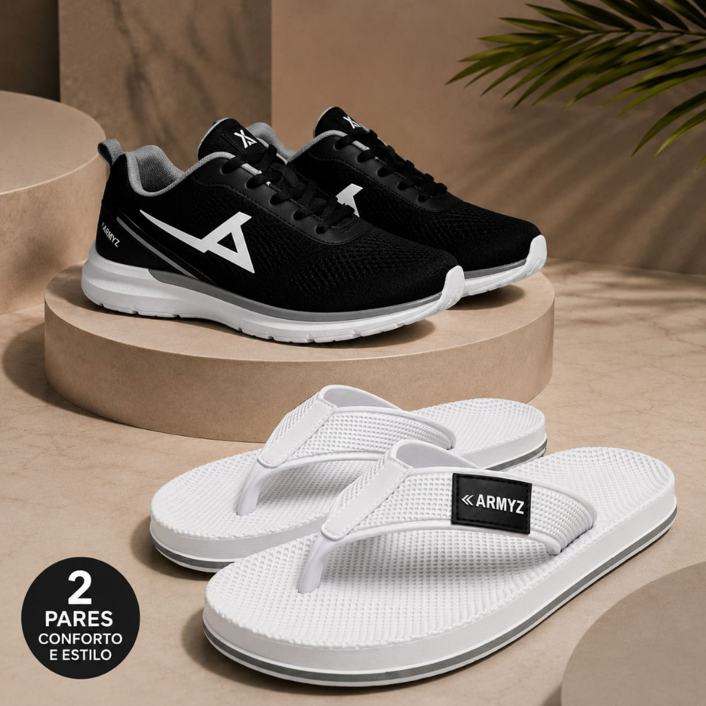 Kit Tênis Esportivo + Chinelo Masculino Leve Conf