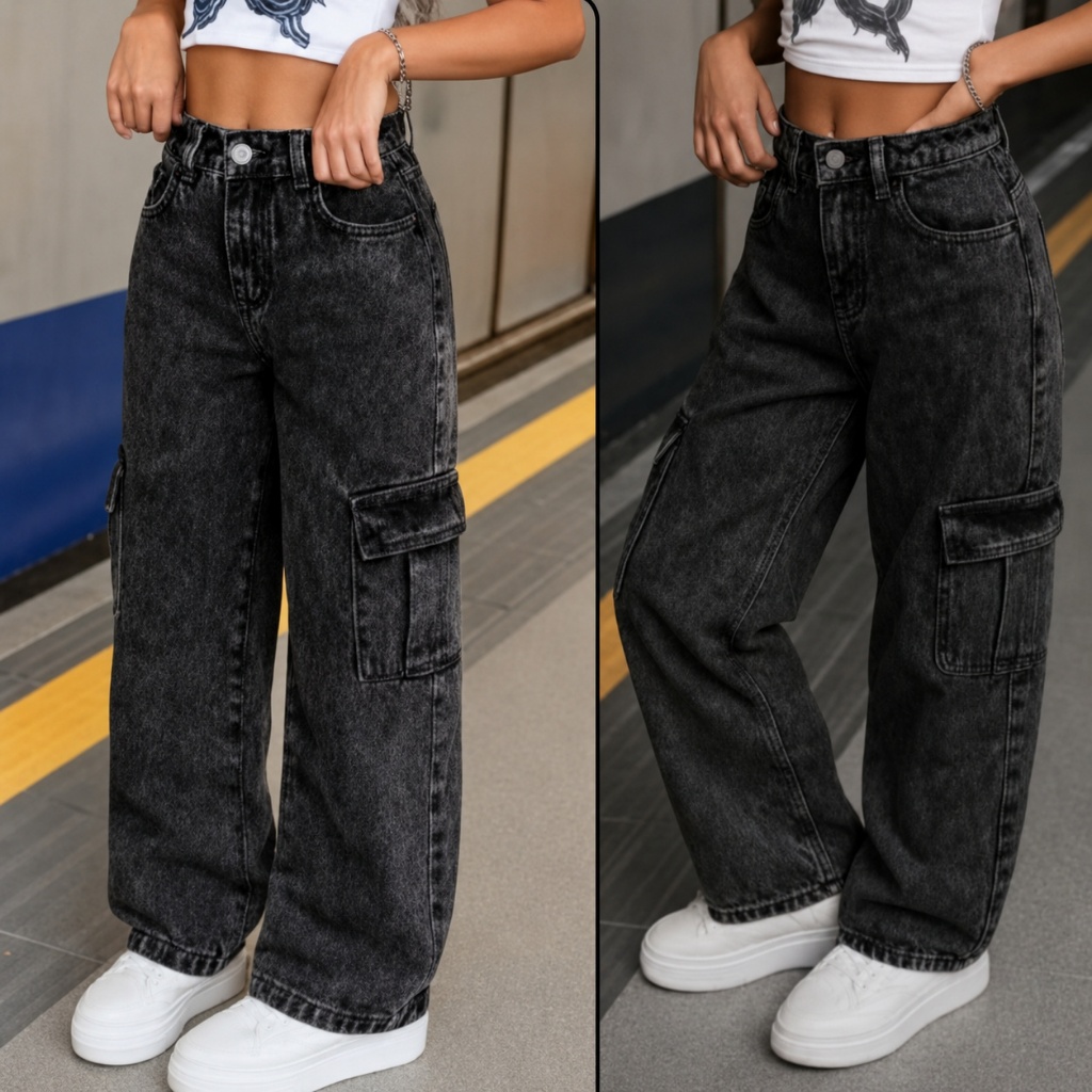 Calça Wide Leg Marmorizada Preta Estilosa  Menina