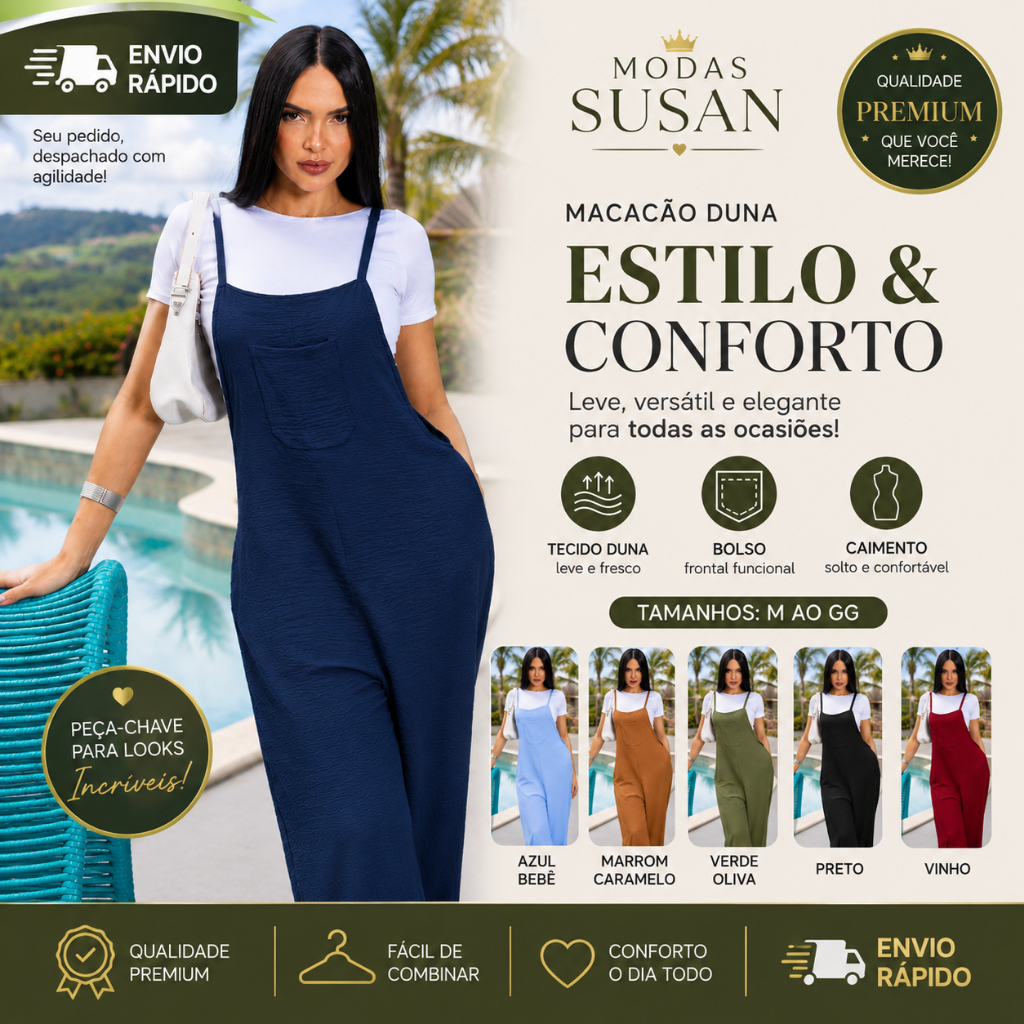 Macacão Feminino Duna Premium Longo com Bolso Fro