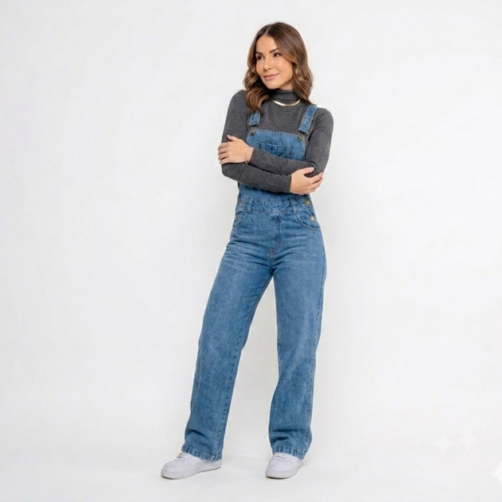 Jardineira Jeans Longa Inverno Feminina Macacão c