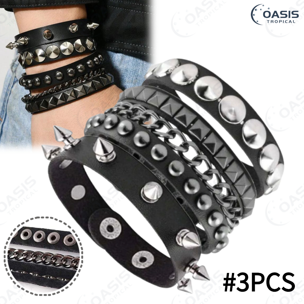 Pulseira de Couro com Pontas e Prego-3Peças Layer