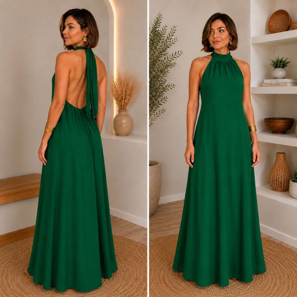 Vestido Longo Gola Alta Com Costa Nua Frente Únic