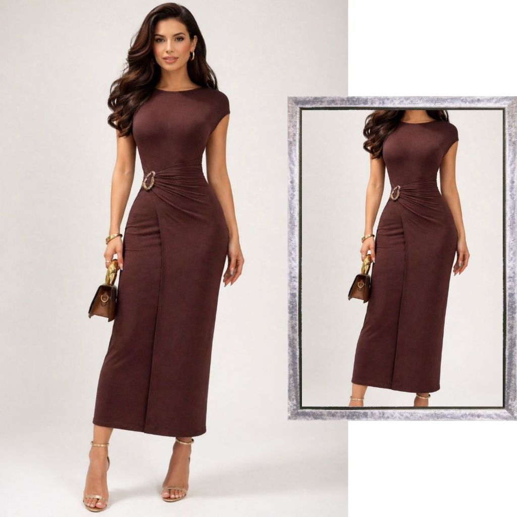 Vestido Midi Manga Transpassado com Fivela Tendên