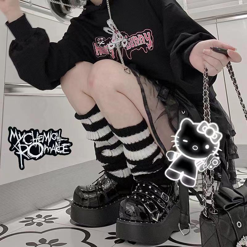 Y2k Goth Lolita Meninas Listrado Malha Polainas Ja