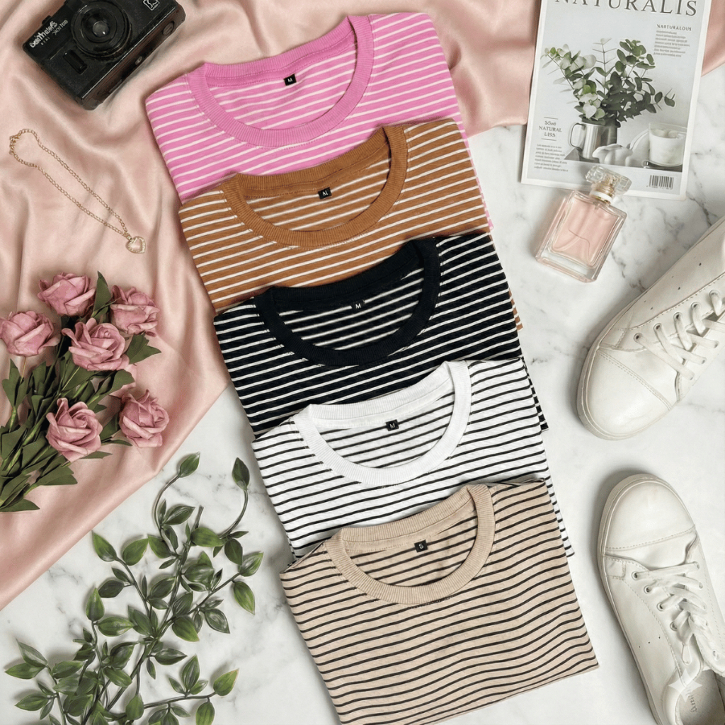 Blusa Feminina Listrada Tshirt Manga Curta Elegant