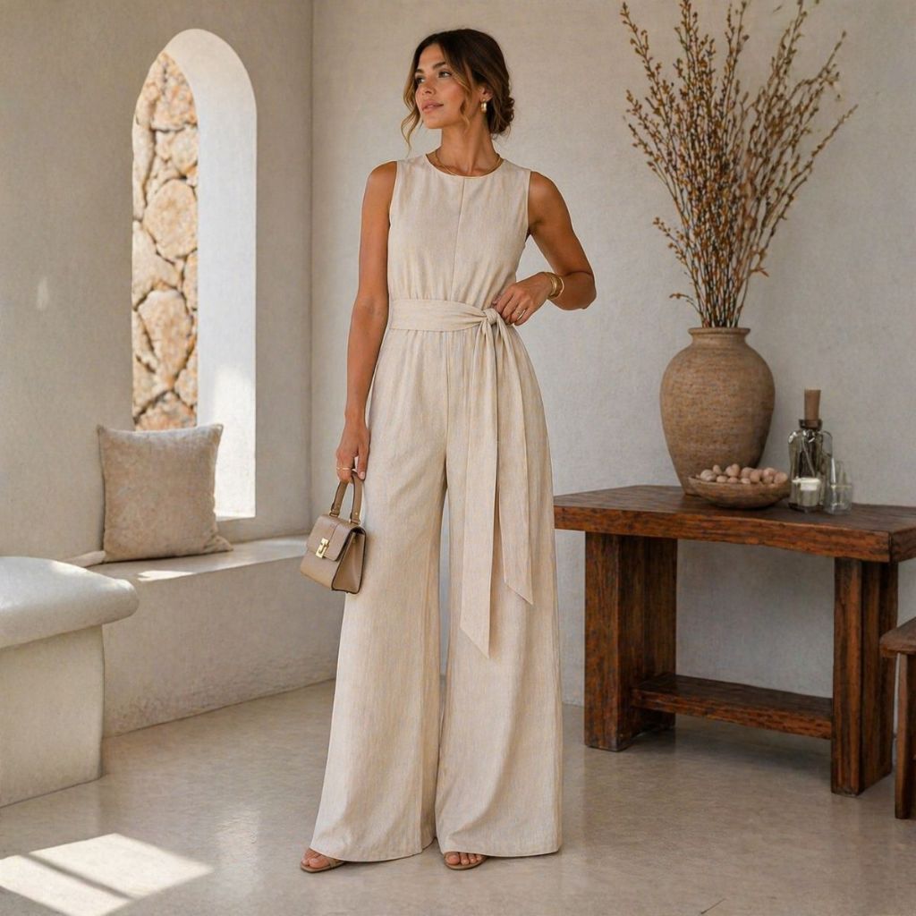 Macacão Feminino Linho Pantalona Elegante Com Fai