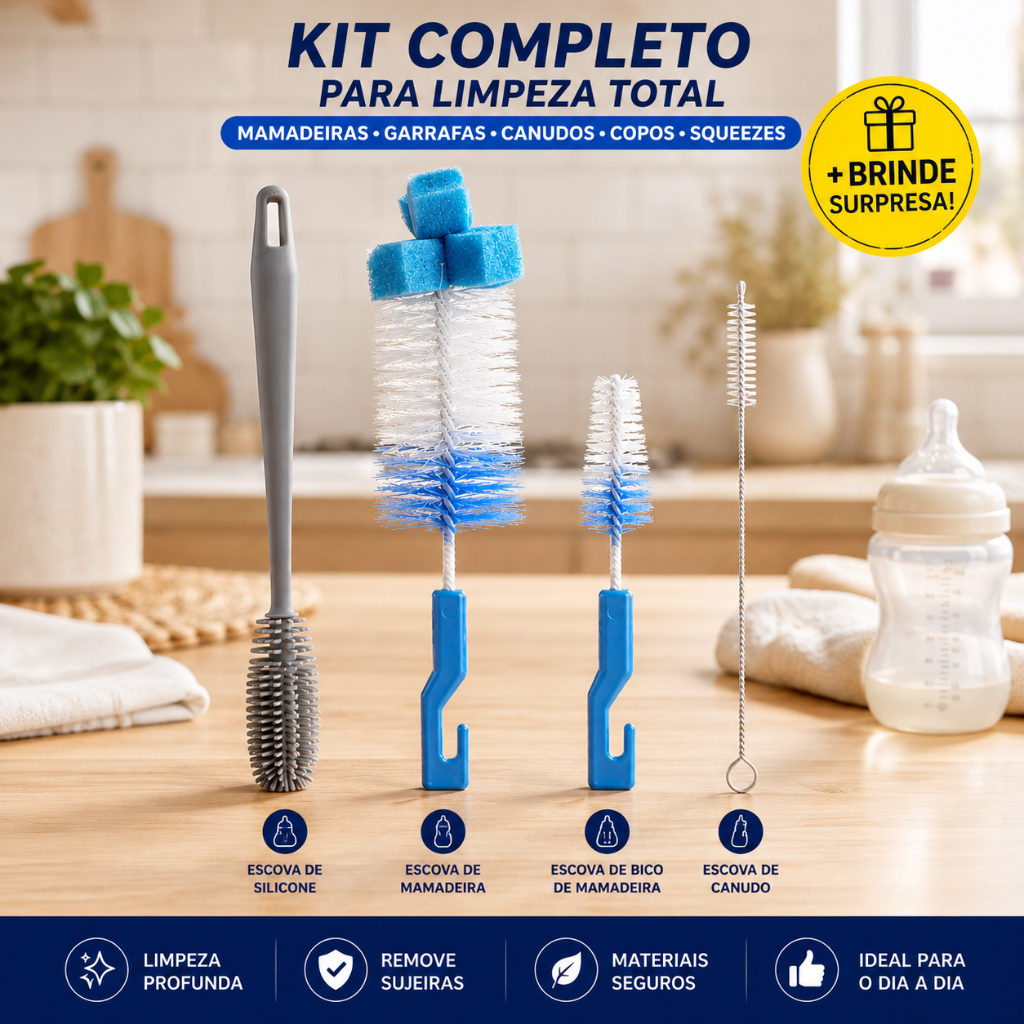 Kit 4 Escovas 02 Mamadeiras + 01 Silicone + 01 Can