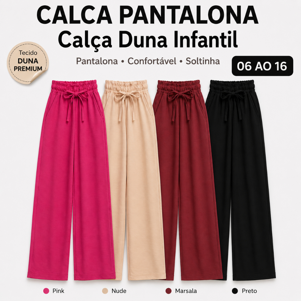 Calça Infantil Juvenil Pantalona Duna Menina Leve