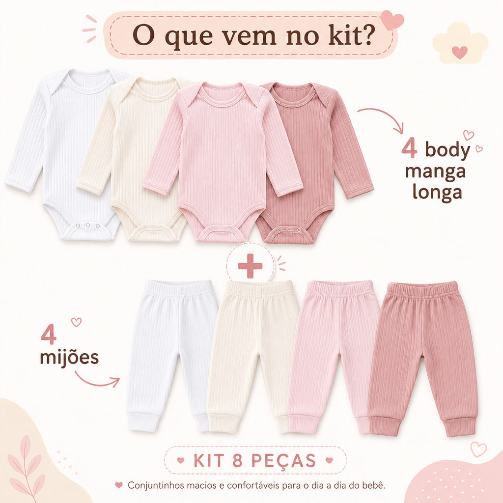 Kit 8 Peças Conjuntos Canelado Body Manga Longa e
