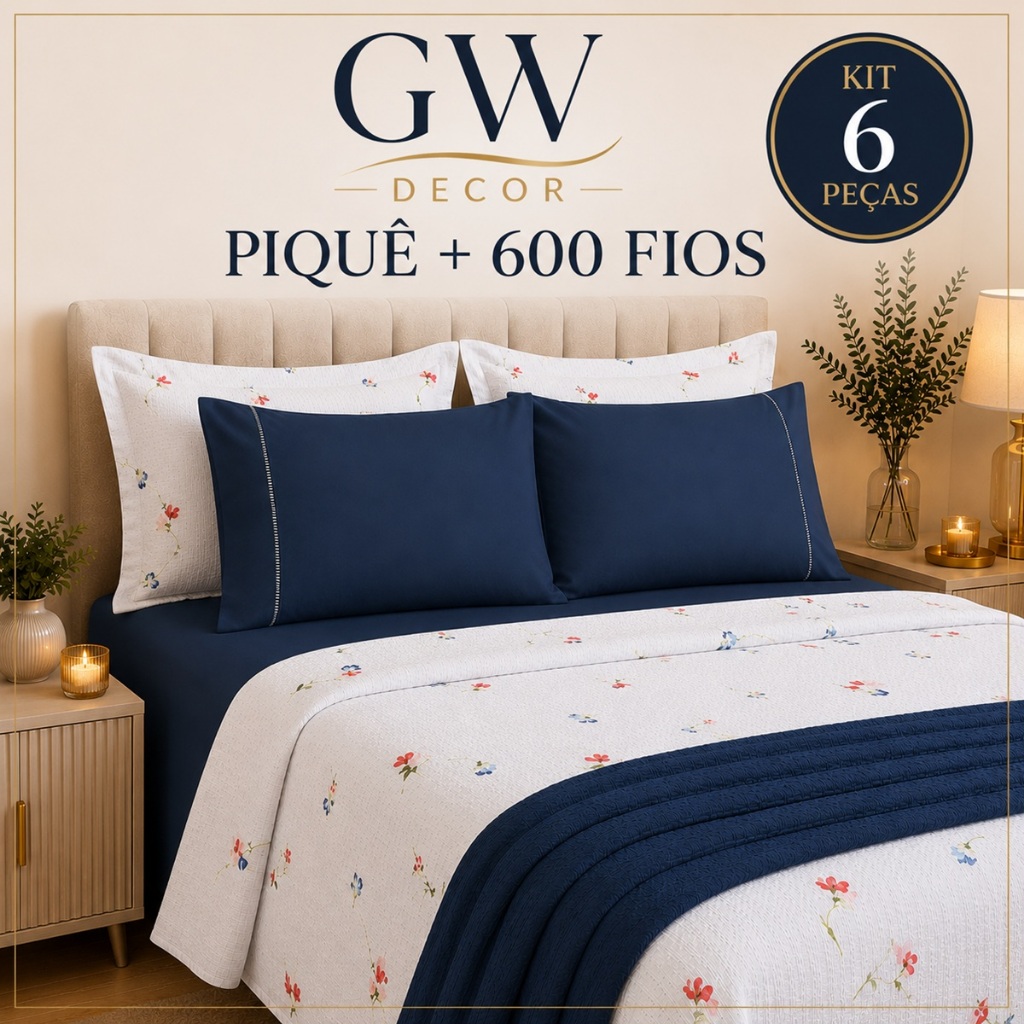 Kit 6 Peças Piquê + 600 Fios Jogo de Cama Macio 