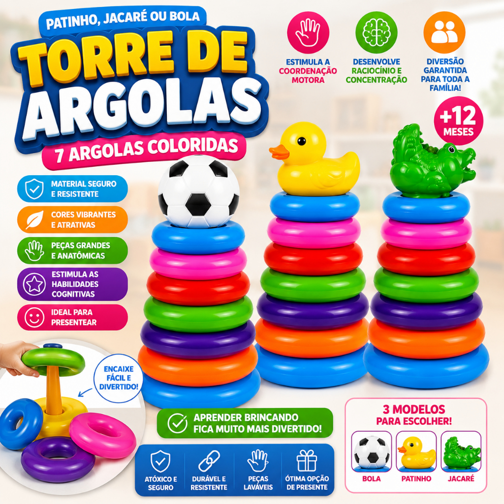 Brinquedo Educativo 7 Argolas Empilhar Infantil Pa