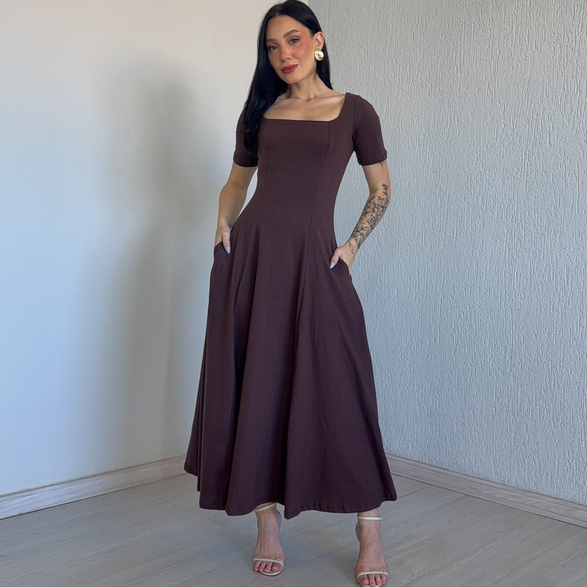 Vestido Rodado Com Manga e Bolso 100% Algodão Pre