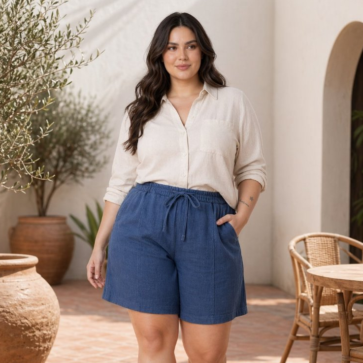 Short Feminino Plus Size Linho Bermuda Cintura Alt