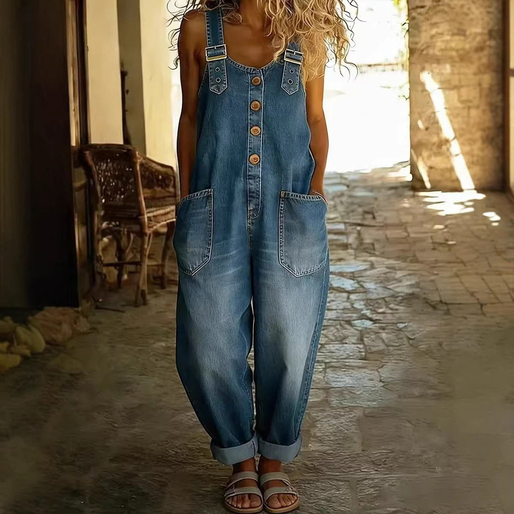 Macacão Jeans Lavado Retrô Feminino 2026 Europeu