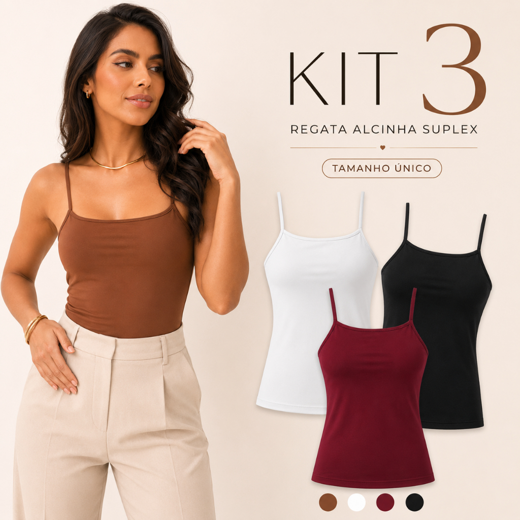 KIT 3 Regata Feminina Suplex Alcinha Forro Duplo B