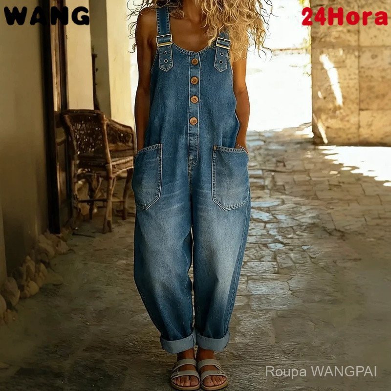 Macacão Jeans Feminino Vintage Desgastado com Aju