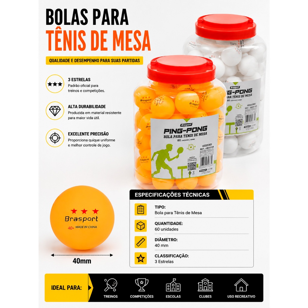 Pote com 60 Bolinhas de Ping Pong 40mm 3 Estrelas 
