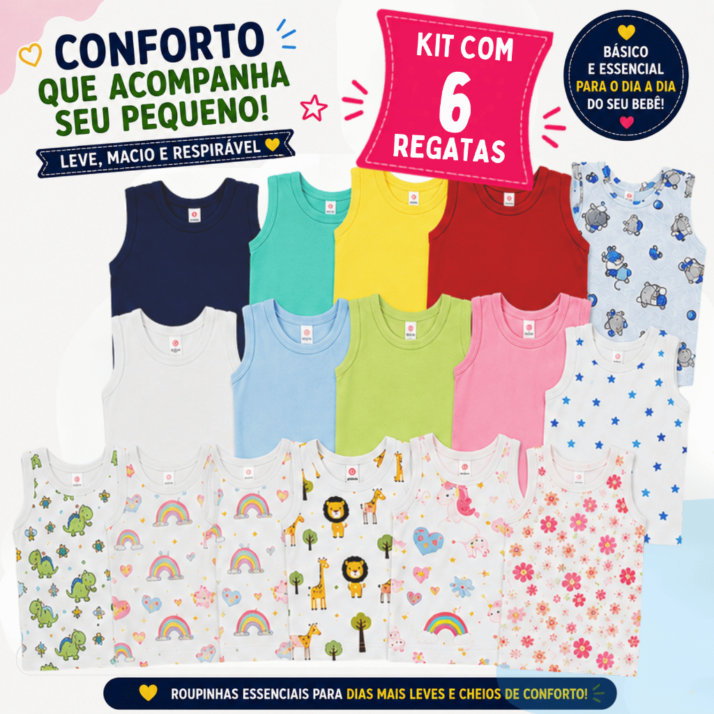 Kit 6 Regatas Camisetas bebê Pijama Menino Menina