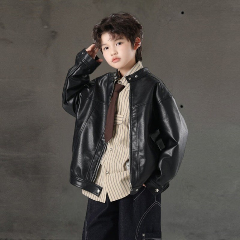 Meninos Jaqueta De Couro Gola Zip-Up Solto Outerwe
