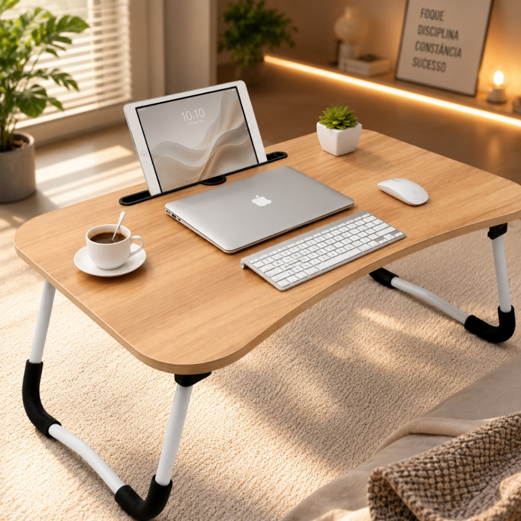 Mesa Portátil para Notebook Home Office Cama Bege