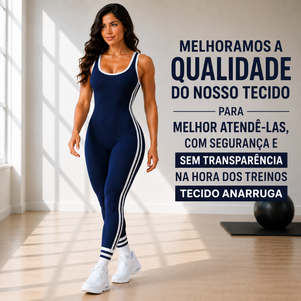 Macacão Fitness Longo Canelado Anarruga com Compr