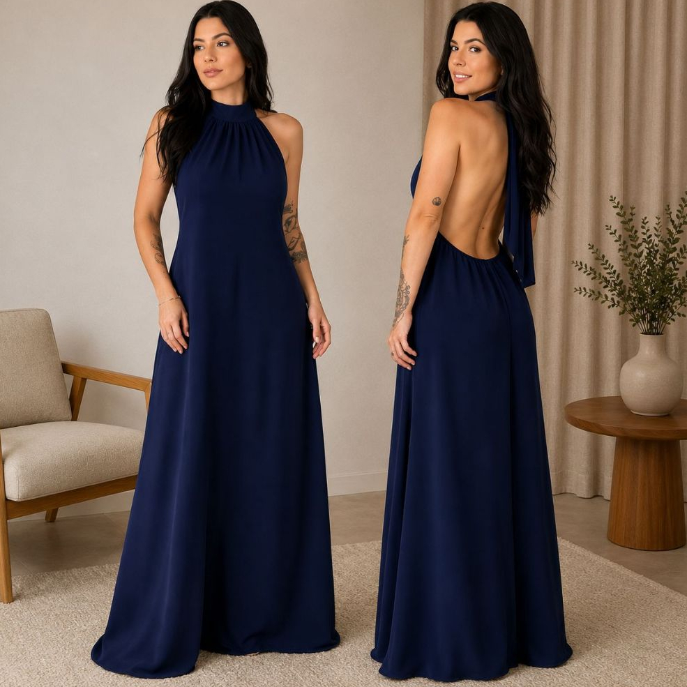 Vestido Longo Feminino Costa Nua Midi Inverno Eleg