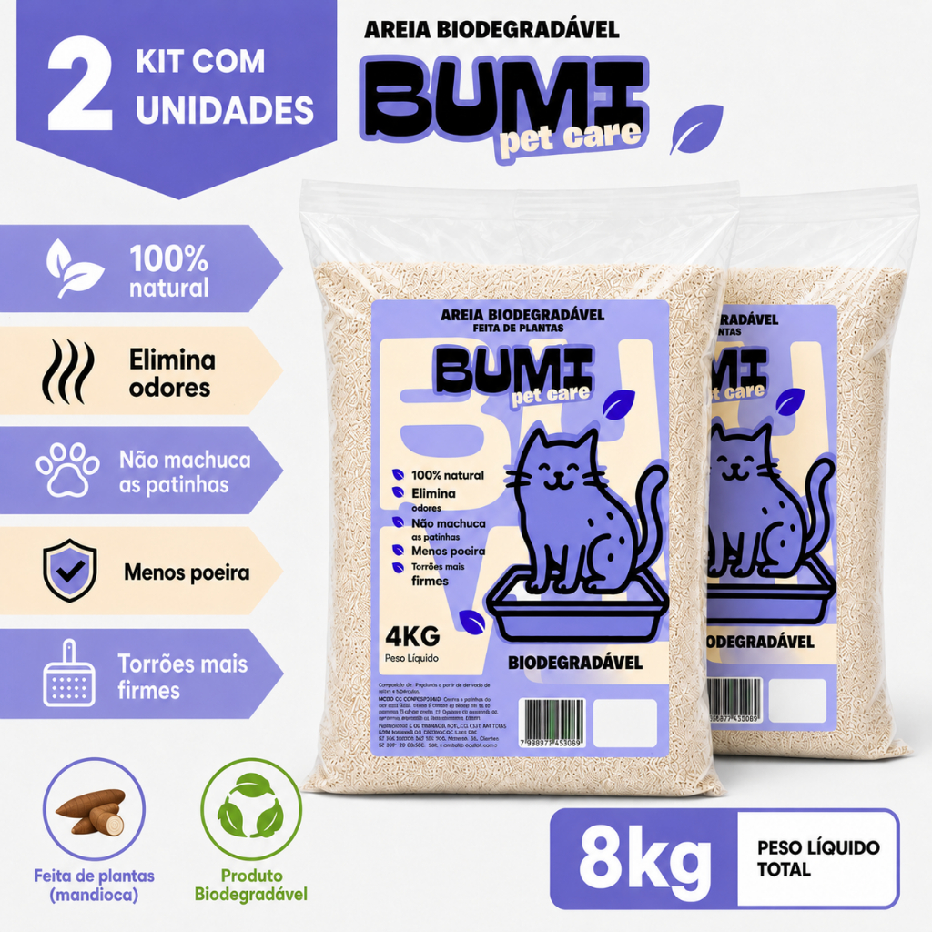 Kit 2un Areia Bumi Pet 4kg Mandioca Natural Alta A