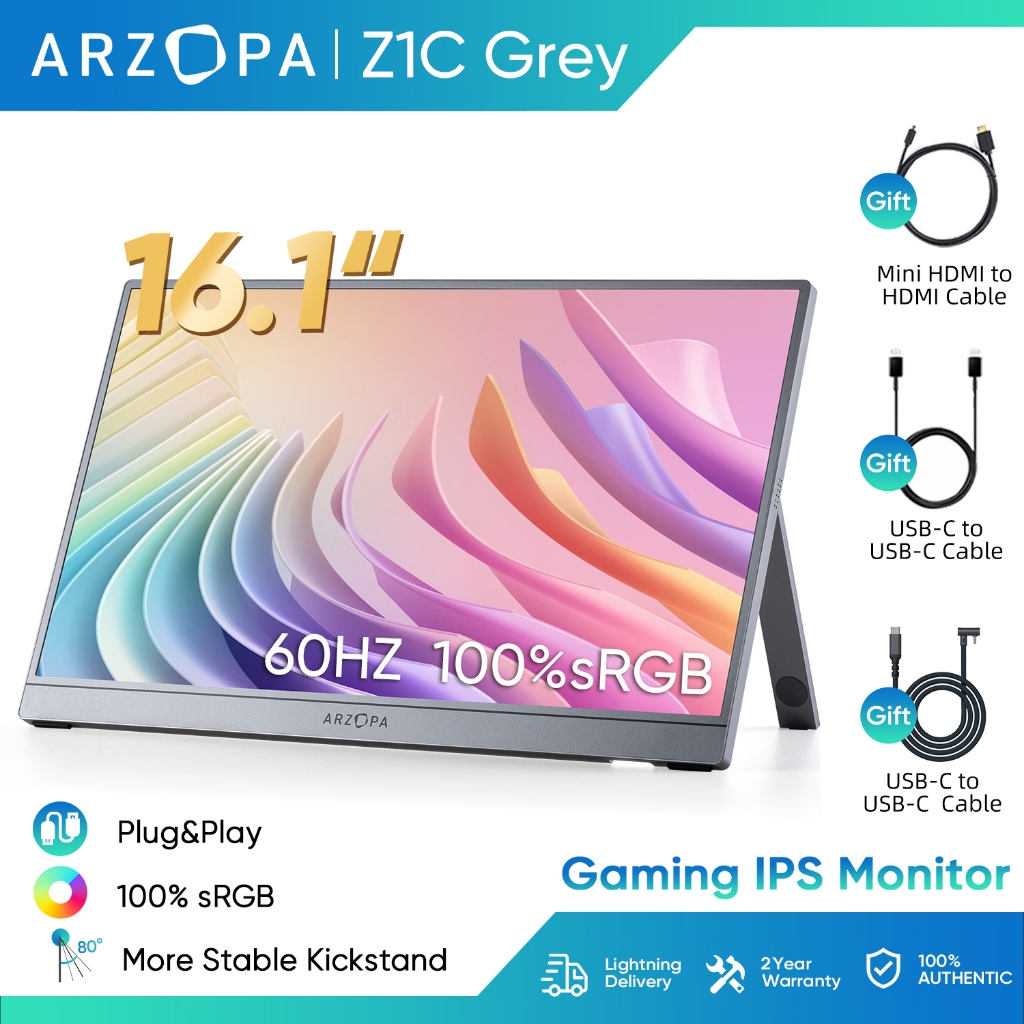 Arzopa Z1C Cinza-Monitor Portátil Com Suporte 100