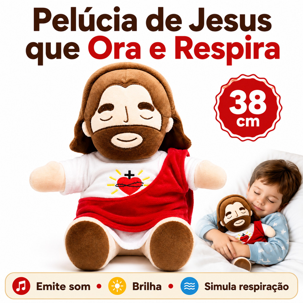 Boneco De Pelucia 38cm Jesus Faz Oração Brilha E