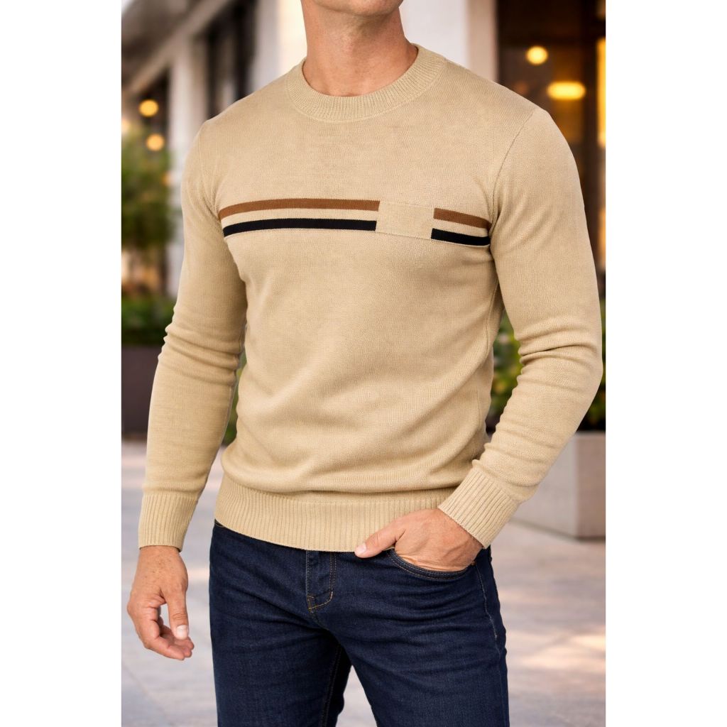 Blusa Duas Listras Tricot Masculina Elegante Manga