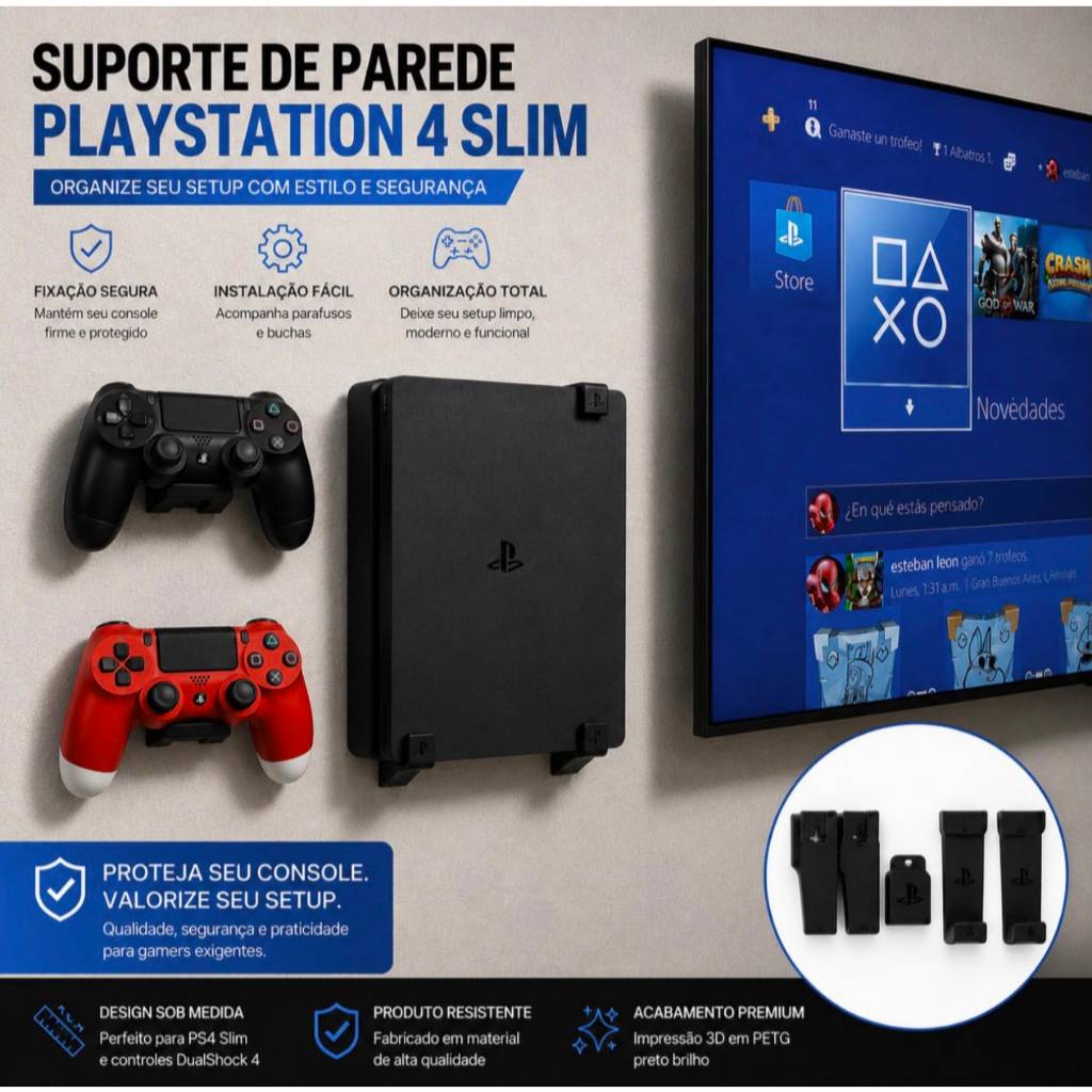 Suporte Parede Ps4 SLIM + Suportes p Controle + Ki