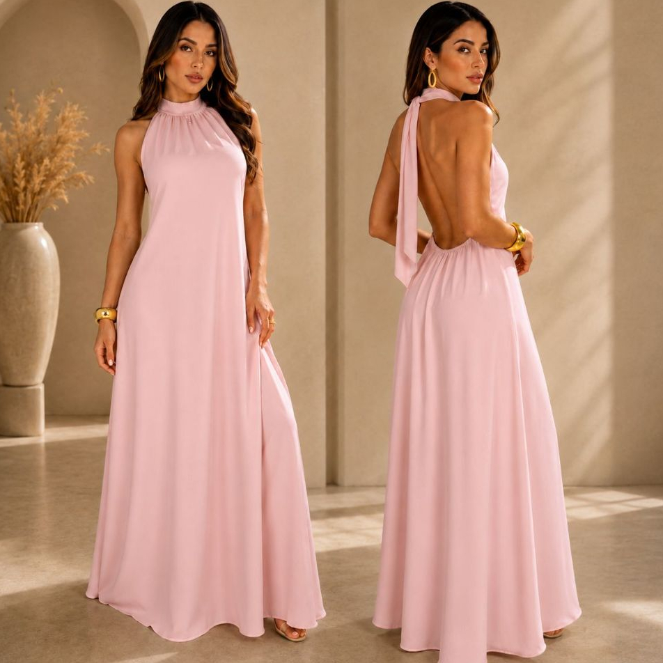 Vestido Longo Feminino Midi Frente Unica Costa Nua