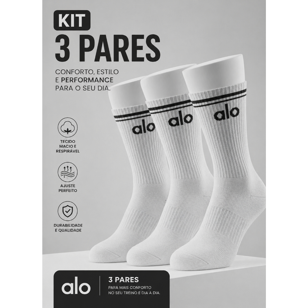 Meia Academia Kit 3 Pares Cano Longo Premium Algod
