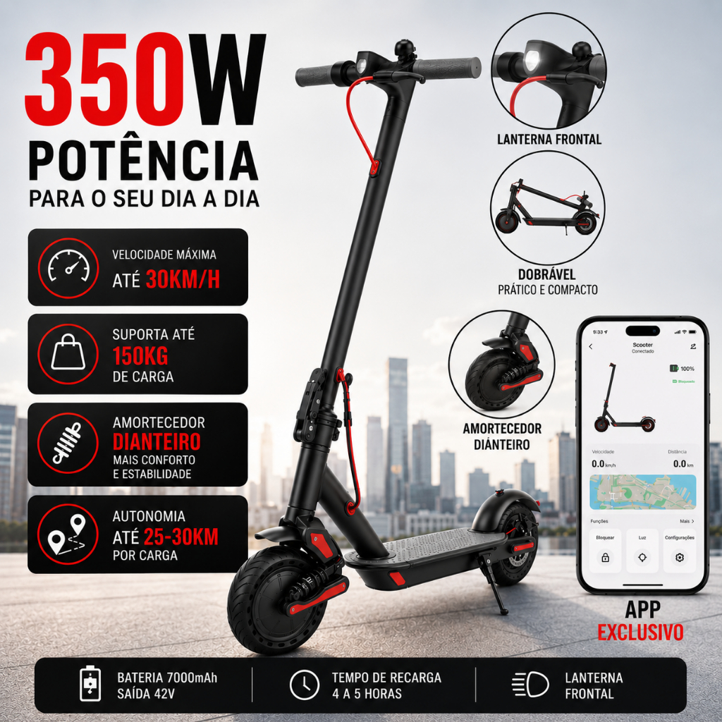 Patinete Elétrico 350W com Amortecedor e App GPS 