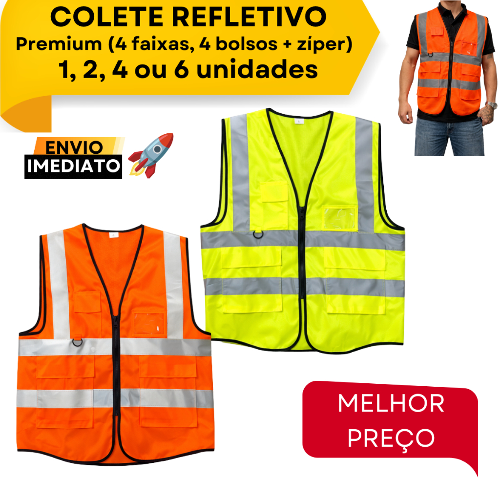 Colete Refletivo 1/2/4/6 4 Bolsos 4 Faixas Seguran
