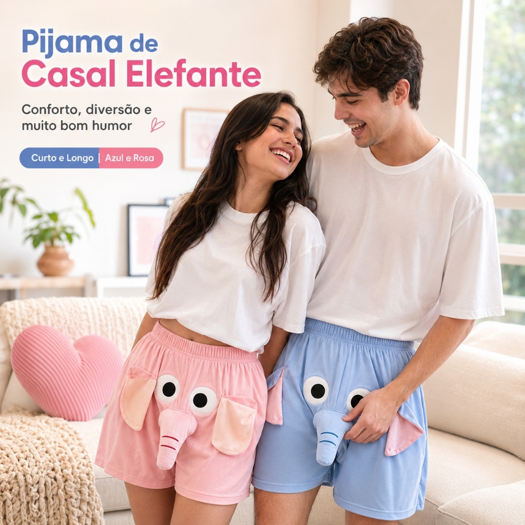 Shorts Elefante Fofo Pijama Casal Inverno Pelucia 